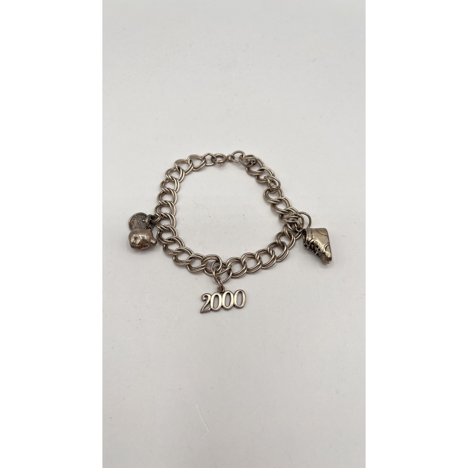 Vintage Sterling Silver 925 Charm Bracelet 7” 3 Charms Boot Piggy Bank 2000